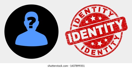 Rounded unknown person icon and Identity seal stamp. Red rounded scratched seal stamp with Identity caption. Blue unknown person icon on black circle.