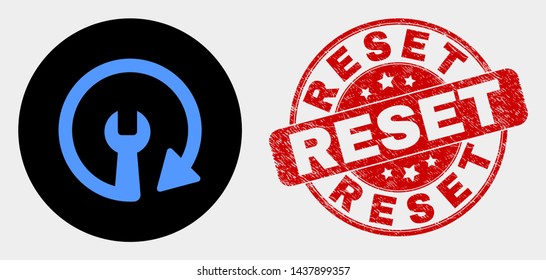 Rounded update repair wrench pictogram and Reset stamp. Red rounded distress seal stamp with Reset text. Blue update repair wrench icon on black circle.