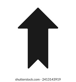 Rounded upward pointing, bookmark arrow icon. A vertical black direction symbol with round corners. Isolated on a white background.