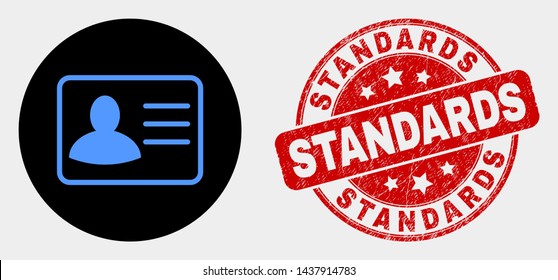 Rounded user card icon and Standards seal stamp. Red rounded textured seal stamp with Standards text. Blue user card symbol on black circle. Vector composition for user card in flat style.