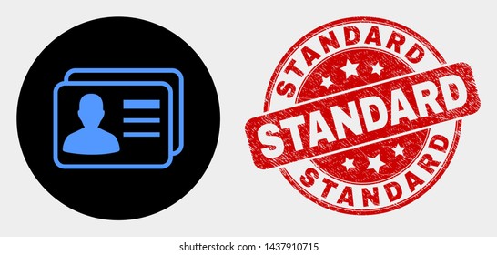 Rounded user cards icon and Standard watermark. Red rounded distress watermark with Standard text. Blue user cards icon on black circle. Vector combination for user cards in flat style.