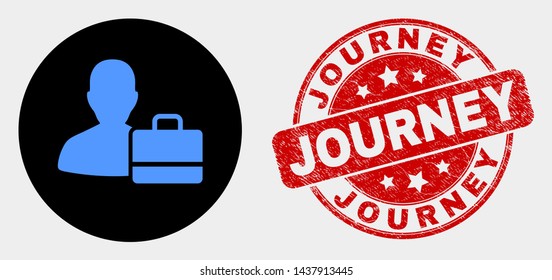 Rounded user case icon and Journey seal stamp. Red rounded distress seal stamp with Journey text. Blue user case icon on black circle. Vector combination for user case in flat style.