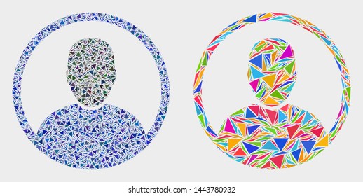 Rounded user portrait collage icon of triangle elements which have different sizes and shapes and colors. Geometric abstract vector illustration of rounded user portrait.