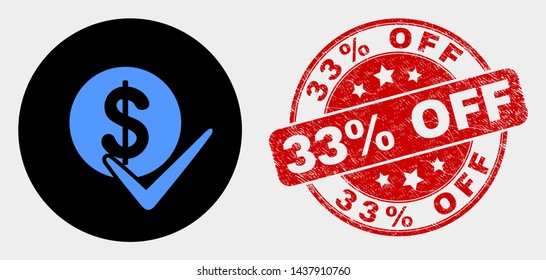 Rounded valid dollar coin icon and 33% Off seal stamp. Red rounded distress stamp with 33% Off caption. Blue valid dollar coin icon on black circle.