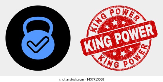 Rounded valid weight icon and King Power seal. Red rounded distress seal with King Power text. Blue valid weight icon on black circle. Vector combination for valid weight in flat style.