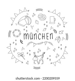 Rounded Vektorzusammensetzung im Doodle-Stil. Oktoberfestelemente und Schriftzeichen einzeln auf weißem Hintergrund. Sammlung von handgezeichneten Objekten.