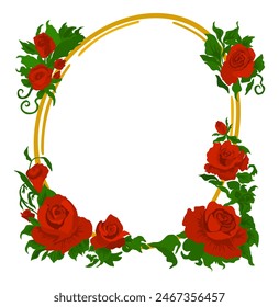 Rounded vector floral frame with red roses and leaves isolated on white background.