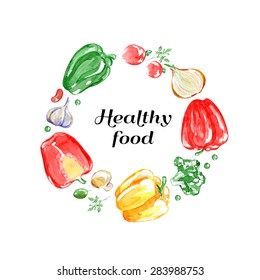 Rounded vector frame. Watercolor background with vegetables. Radish, garlic, peas, bean, olives, broccoli, fungi, onion, pepper.  Isolated elements for easy use.