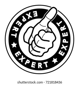 Rounded vector sign with the word expert and a hand in the center with thumb up. Black Illustration over white background 