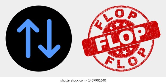 Rounded vertical exchange arrows icon and Flop seal stamp. Red rounded scratched seal with Flop caption. Blue vertical exchange arrows icon on black circle.