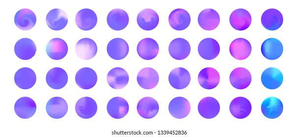 Rounded violet stylish holographic gradient sphere button. Circle gradients, colorful round buttons or vivid color spheres flat set. Can be used as icons, for logos or other graphic elements.