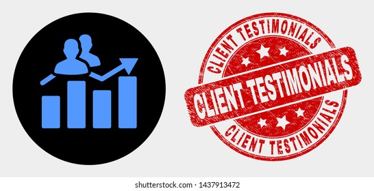 Rounded visitors bar chart icon and Client Testimonials seal. Red rounded grunge seal with Client Testimonials text. Blue visitors bar chart icon on black circle.