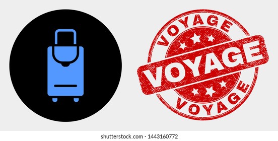 Rounded voyage luggage icon and Voyage seal. Red rounded distress seal stamp with Voyage caption. Blue voyage luggage icon on black circle. Vector composition in flat style.