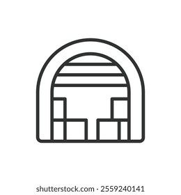 Rounded warehouse, icon in line design. Rounded warehouse, storage building, rounded roof, warehouse icon on white background vector. Rounded warehouse, icon in line design editable stroke icon