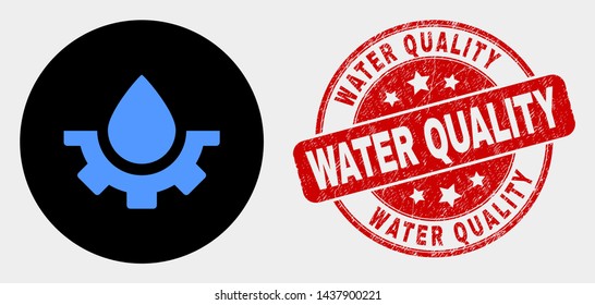 Rounded Water Plumbing Gear Pictogram And Water Quality Seal Stamp. Red Round Grunge Seal Stamp With Water Quality Caption. Blue Water Plumbing Gear Icon On Black Circle.