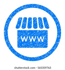 Rounded Webstore rubber seal stamp watermark. Icon symbol inside circle with grunge design and dust texture. Unclean vector blue sign.