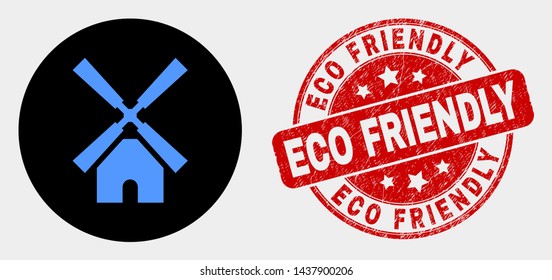 Rounded windmill pictogram and Eco Friendly seal stamp. Red rounded grunge seal stamp with Eco Friendly text. Blue windmill symbol on black circle. Vector composition for windmill in flat style.