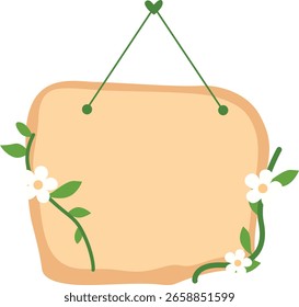 Rounded wood board with flower and leaf accents, hanging on string. Suitable for floral signage, weddings, or garden tags.