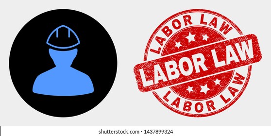 Rounded worker icon and Labor Law seal stamp. Red round scratched seal stamp with Labor Law text. Blue worker icon on black circle. Vector composition for worker in flat style.