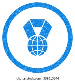 Rounded World Award rubber seal stamp watermark. Icon symbol inside circle with grunge design and dust texture. Unclean vector blue sticker.
