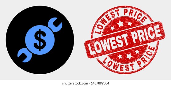 Rounded wrench repair price icon and Lowest Price seal. Red rounded scratched seal stamp with Lowest Price caption. Blue wrench repair price icon on black circle.