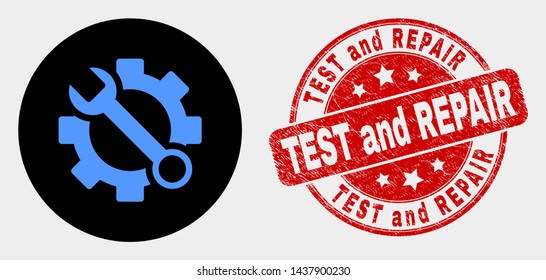 Rounded wrench tools icon and Test and Repair seal stamp. Red rounded scratched seal stamp with Test and Repair text. Blue wrench tools icon on black circle.
