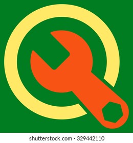 Rounded Wrench vector icon. Style is bicolor flat symbol, orange and yellow colors, rounded angles, green background.