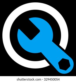 Rounded Wrench vector icon. Style is bicolor flat symbol, blue and white colors, rounded angles, black background.