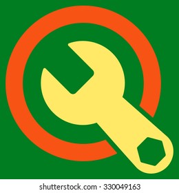 Rounded Wrench vector icon. Style is bicolor flat symbol, orange and yellow colors, rounded angles, green background.