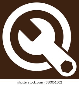 Rounded Wrench vector icon. Style is flat symbol, white color, rounded angles, brown background.