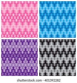 Rounded zigzag patterns in monochromatic shades of pink, blue, purple and black.