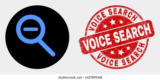 Rounded zoom out icon and Voice Search watermark. Red rounded distress watermark with Voice Search caption. Blue zoom out icon on black circle. Vector composition for zoom out in flat style.