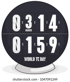Rounden flip clock with pi value formed for the date and hour, as part of the celebration of Pi Day in the 14th March at 1:59.