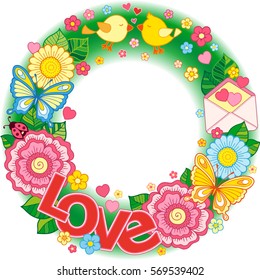 Rounder frame made of flowers, butterflies, birds kissing and the word love. Ornamental Wreath design for Valentines Day cards. Hello Spring