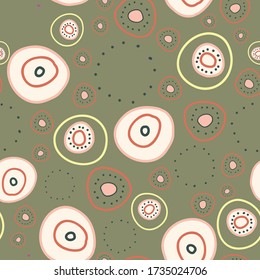 Roundish Things Circles and rings on muted moss green background seamless repeat vector pattern surface design