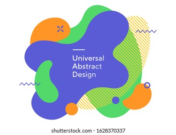 Roundish wavy flowing drops. Universal geometric figures, straight lines. Green and blue background with orange blobs and white text. Template for ad flyer, banner or slides. Vector illustration.