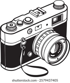 Round-lens vintage camera silhouette in detailed vector design for photography projects
