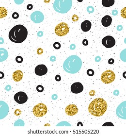 Klingt nahtloser Hintergrund. Schwarz, Blau und Gold rund. Abstraktes nahtloses Muster für Karte, Einladung, Poster, Banner, Plakat, Tagebuch, Album, Skizze Buchcover etc. Golden Glitter Textur. 