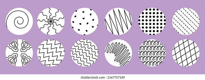 Rounds trendy  with abstract black shapes inside set. Hand drawn circle modern objects isolated on purple background. Spots, waves, hearts, grid, spiral, drops, curves, lines. Vector illustration