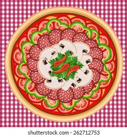 Round-shaped pizza with different ingredients. Vector image can be used for menu or food posters design, cards and other crafts.