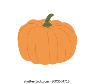 Round-shaped pumpkin with stem. Autumn orange vegetable. Fresh fall squash for Halloween holiday. October food. Natural healthy pumkin. Flat vector illustration of whole veggie.