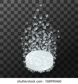 Round-shaped soluble tablet on the transparent background. Aspirin pill with bubbles dissolving in water. Medicine and drugs.