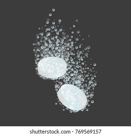 Round-shaped soluble tablets. Pills with bubbles dissolving in water. Medicine and drugs.