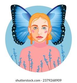 A round-shaped sticker with the image of a girl in the image of a fairy tale fairy with butterfly wings behind her back on a blue sky background, surrounded by small purple wildflowers