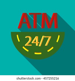 Round-the-clock ATM icon in flat style with long shadow. Withdrawal of currency symbol