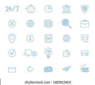 Round-The-Clock Company, Goods Delivery and Logistics, Web Banking Services, Digital Payment, Online Shopping, Business Communication Blue, Line Art Icons, Pictograms Set Isolated on White Background