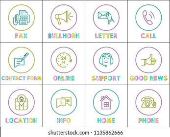 Round-the-clock customer service hotline, contact form and fax, assistance in finding and supplying information. Minimalistic color linear icons set.