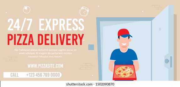 Round-the-Clock Express Pizza Delivery Advert. Flat Banner with Contacts and Internet Food Service Site. Cartoon Happy Smiling Courier Man Character Handing Open Box on Doorway. Vector Illustration