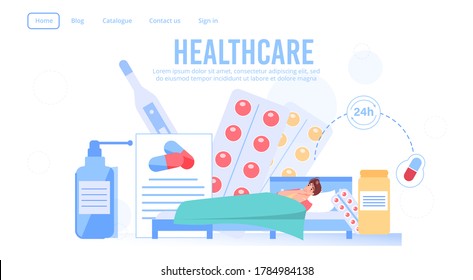 Round-the-clock healthcare service landing page. Medical prescription order, purchase. Free home pills medication delivering. Sick man patient lying in bed surrounded drugs. Health insurance medicine