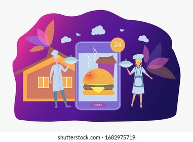 Round-the-clock ordering of food concept. Order a hamburger. Food delivery service, online food ordering. Colorful vector illustration